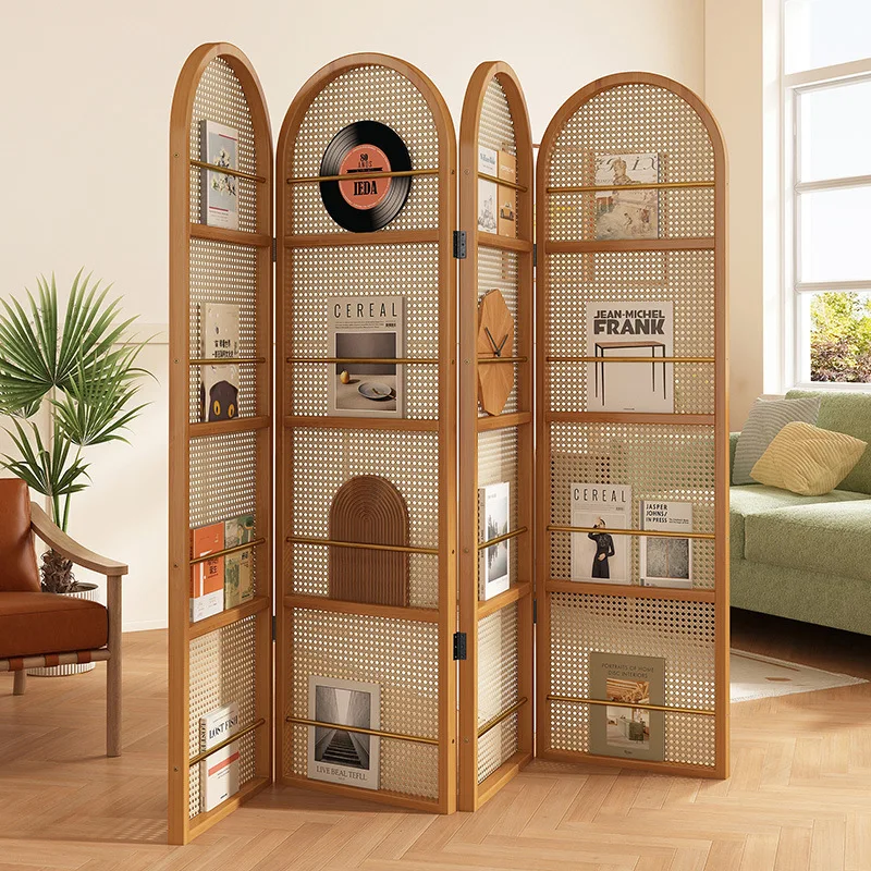 New Chinese Living Room Rattan Weaving Folding Screen Movable Vintage Partition French Bedroom Cover Storage Bookshelf