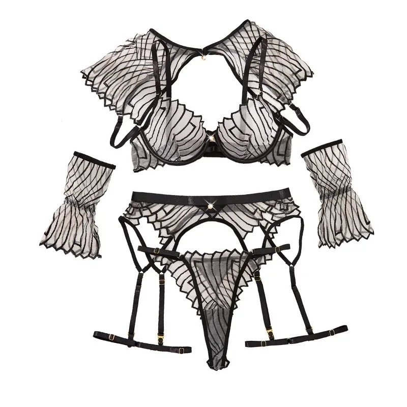 CHUANGERM Sexy Sheer fluoroscopy Lingerie Sets See-through erotic set design sense embroidery shawl garter sexy lingerie