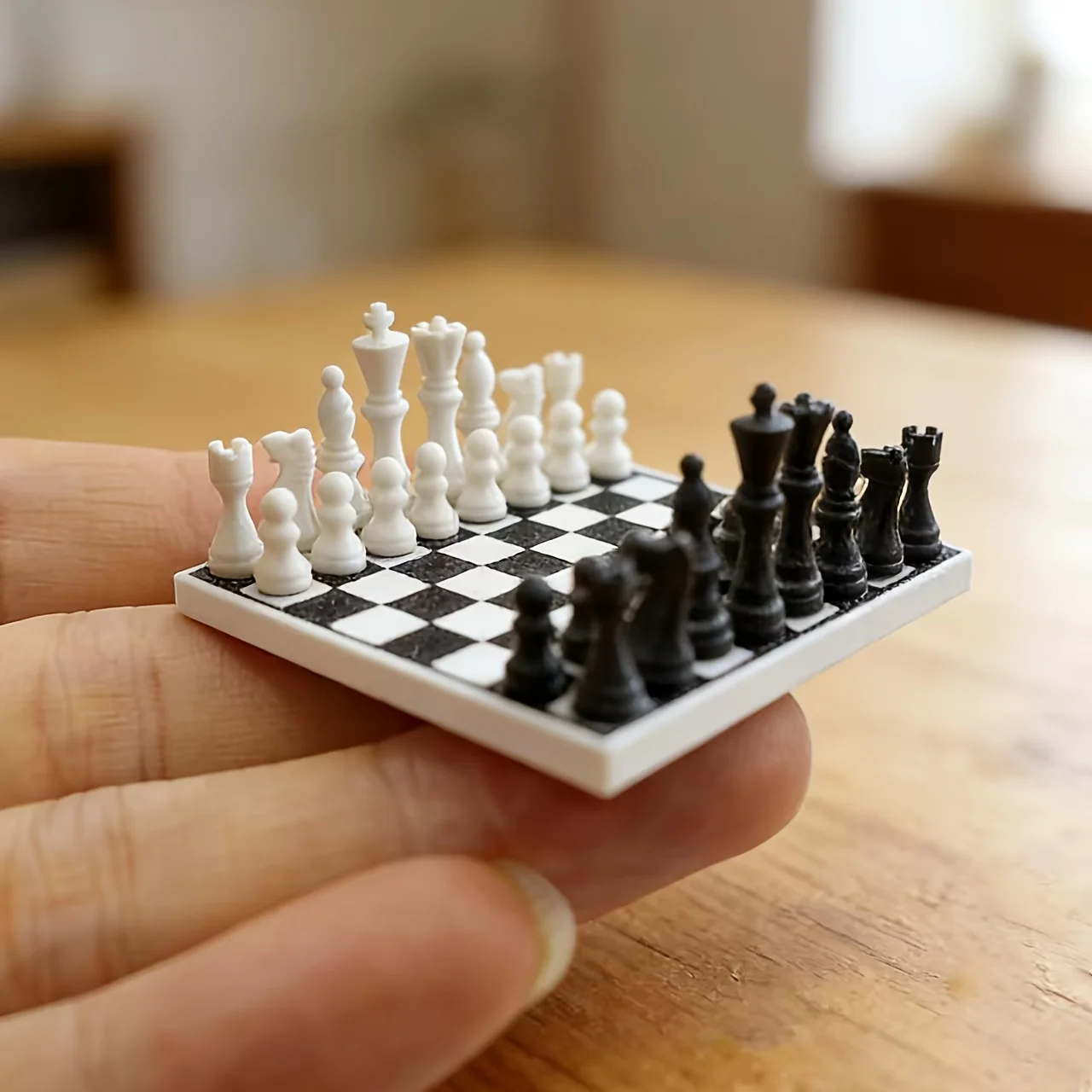 1 Satz Miniatur-Kreativ-Schachspiel mit schwarz-weißem Schachbrett, ideal zur Dekoration von Puppenhaus-Wohnszenen.