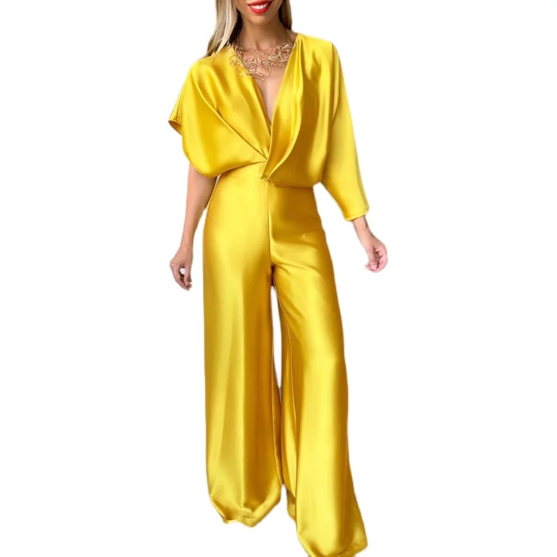 Combinaison asymétrique en Satin à jambes larges pour femmes, taille haute, une pièce, chauve-souris, pantalon décontracté, pour les déplacements, été, Faion