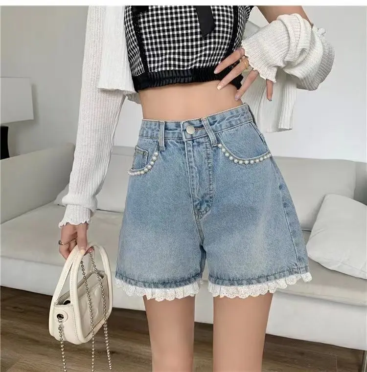 

Women Summer Lace Beaded High Waist Denim Shorts Fashionable High Waist Slim And Wide Legs A-Line Hot Pants Plus Sized