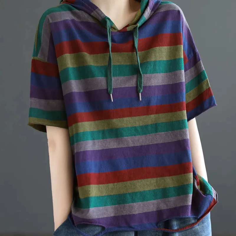 Street Casual Hooded Loose Tops Summer New Short Sleeve Striped Plus Size All-match Vintage T Shirts Fashion Trend Women Clothes