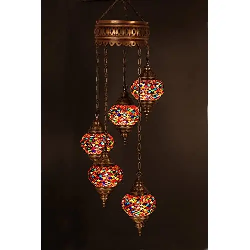 (Height: 33.5 in) Mosaic Chandelier Set 5 Globes, handmade Authentic Tiffany Lighting Moroccan Lamp Glass Stunning Bedside Night