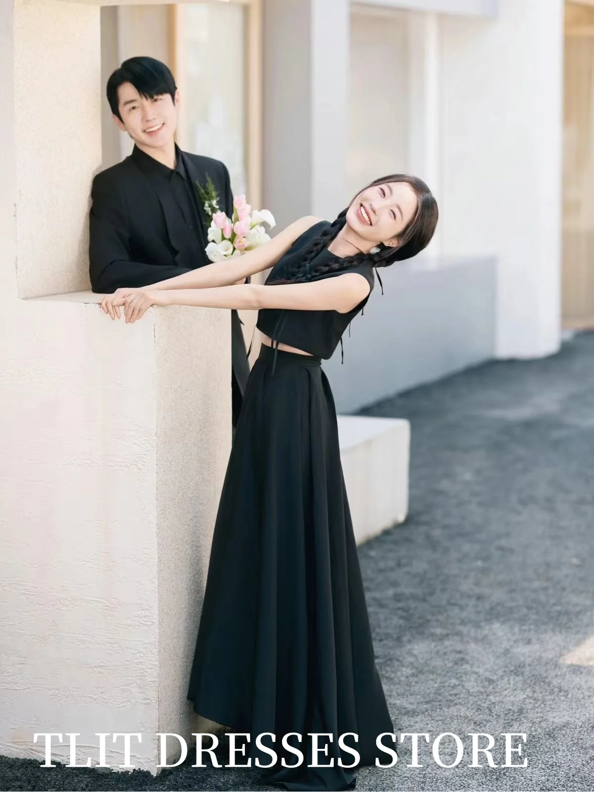 TLIT Simple Black Two-Piece Satin Evening Dress Korea Wedding Dress Photo Shoot Strapless Prom Gowns Customized HI-LO Gowns
