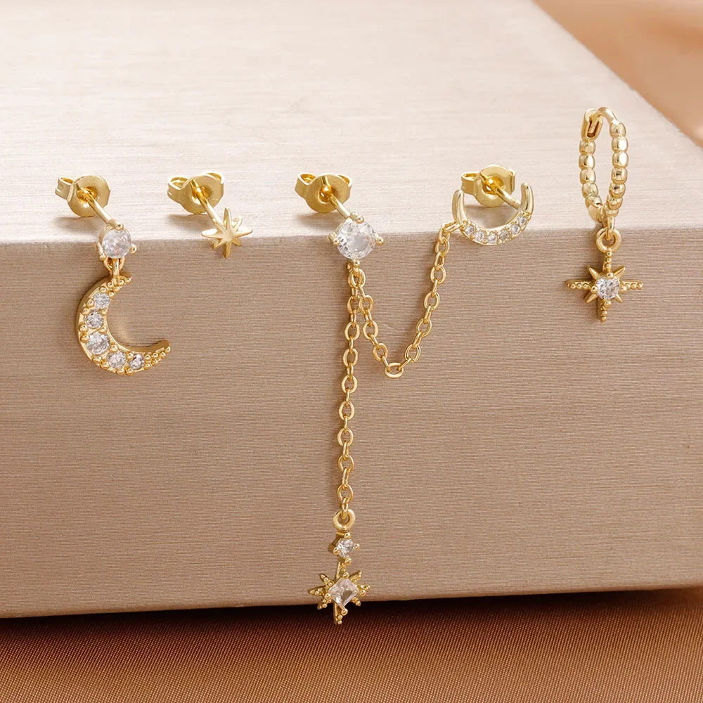 4PCS Fashion 14K Gold Plated Tassel Chain Star Moon Stud Ear s Set For Women Zirconia Cartilage Pendant Piercing Jewelry