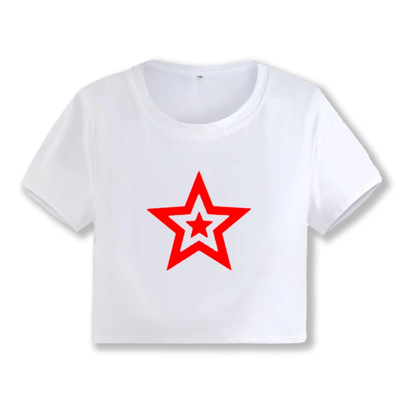 Summer Star Tee Grunge Crop Tops Sexy Baby Tee Printed White T-Shirt Female Hot Girl Round Neck Short Sleeves