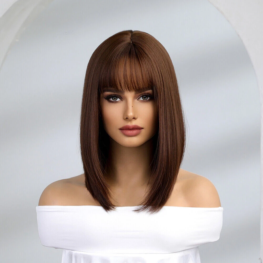 Bob sintético marrom escuro natural do cabelo com Bangs para mulheres, perucas diárias