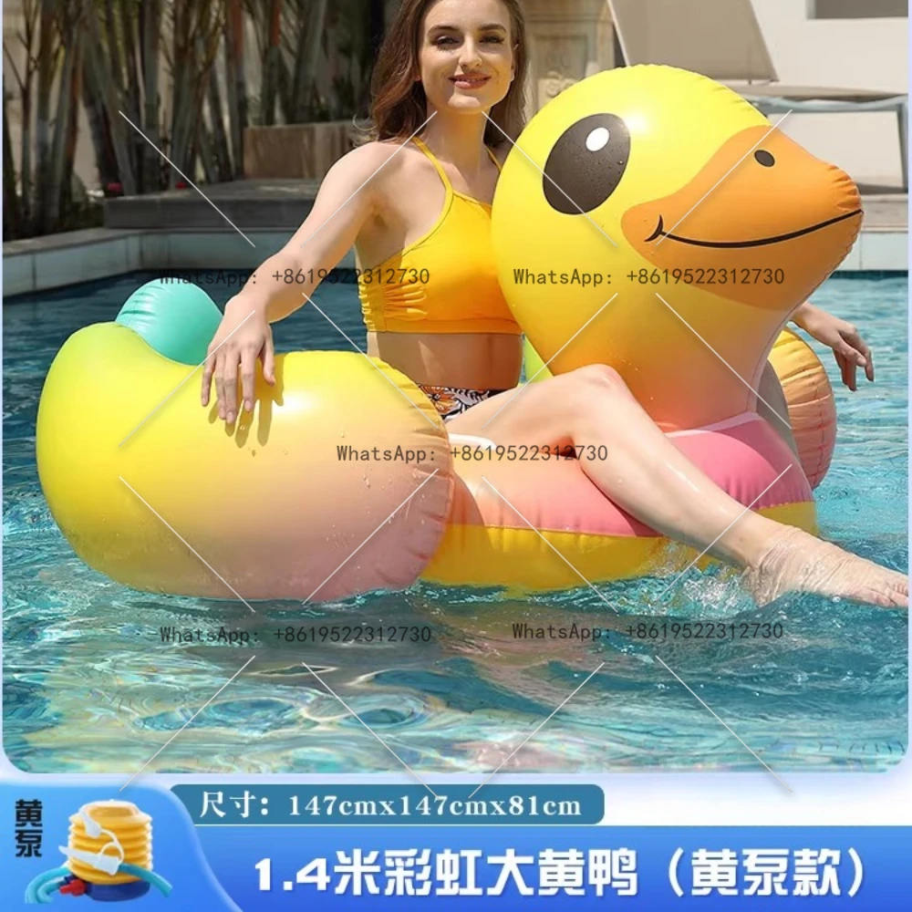 Soporte de juguete flotante para piscina de barco inflable de agua, bomba de pato amarillo grande arcoíris (tamaño: 1,4 metros)
