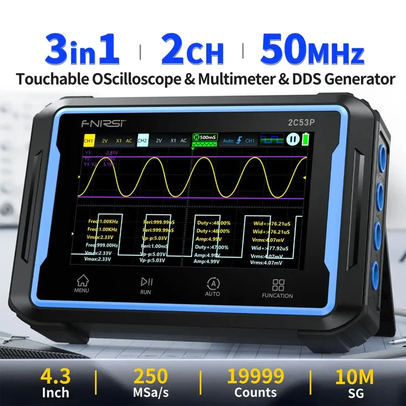 FNIRSI 2C53P 3-in-1 Dual Channel Tablet Oscilloscope Multimeter Function Generator 4.3-inches Full Touchscreen 50MHZ 250Msa/S