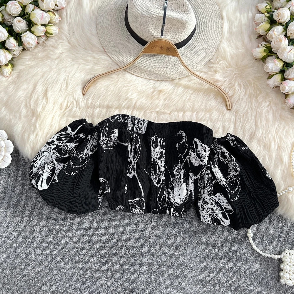 Chic Off Shoulder print chiffon Blouse puff sleeve Slim Sexy Korean Fashion crop Top Summer Beach sweet Women Shirt