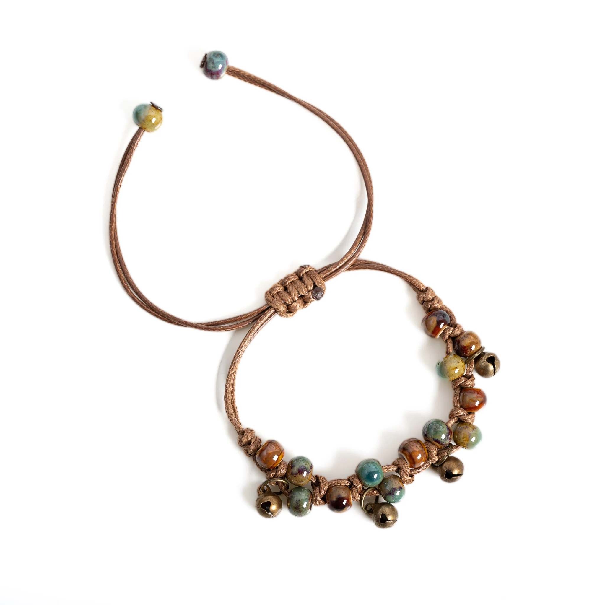 Vintage Glocken-Keramik-Armband Handgefertigtes Verstellbares Wachsschnur-Porzellan-Perlenarmband Boho Rustikaler Schmuck Geschenk für Frauen S03-230