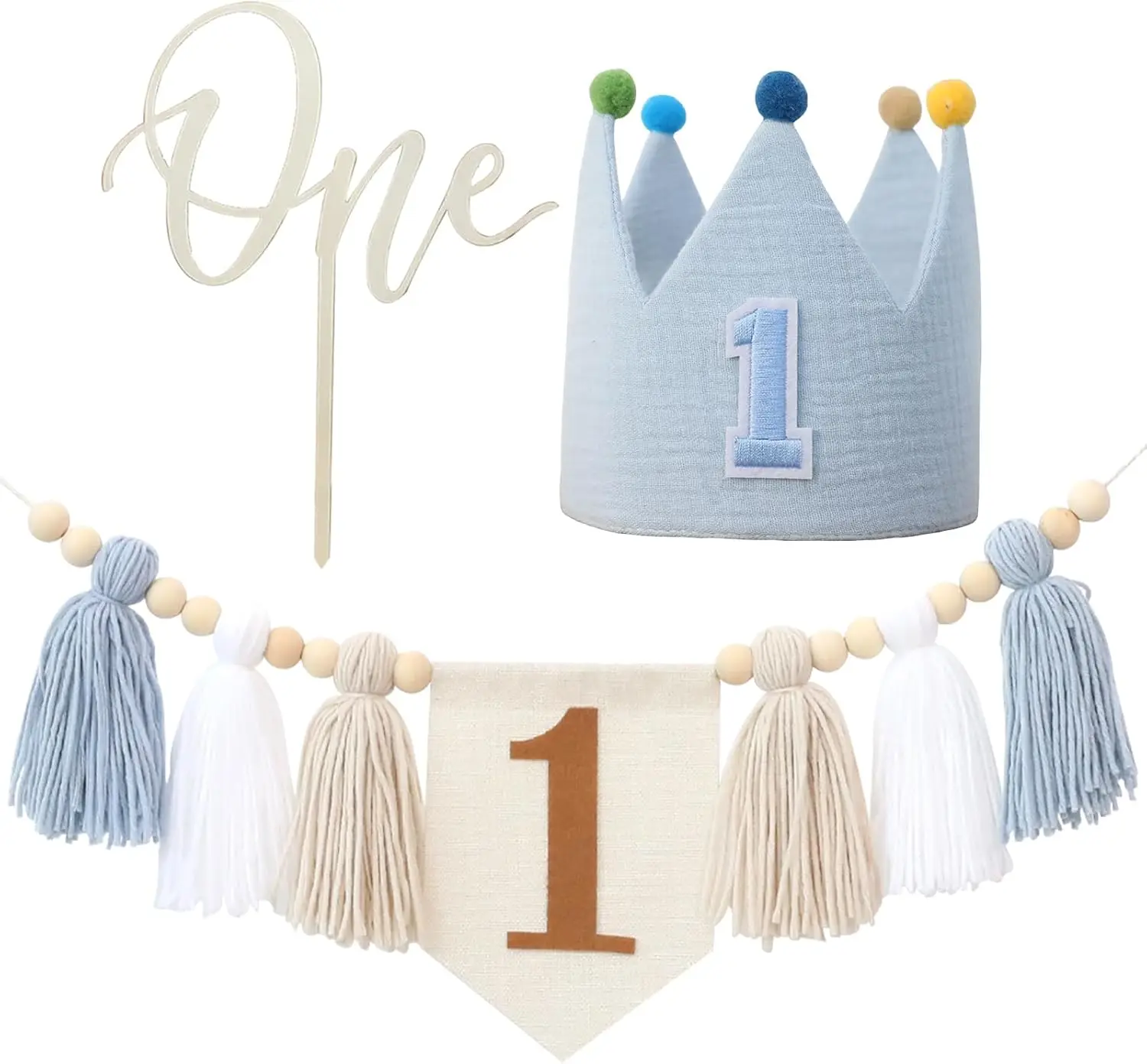 Baby First Birthday Party Decorations Blue High Chair Banner Backdrops 1st Birthday Nursery Wall Hanging Boho Home Decor