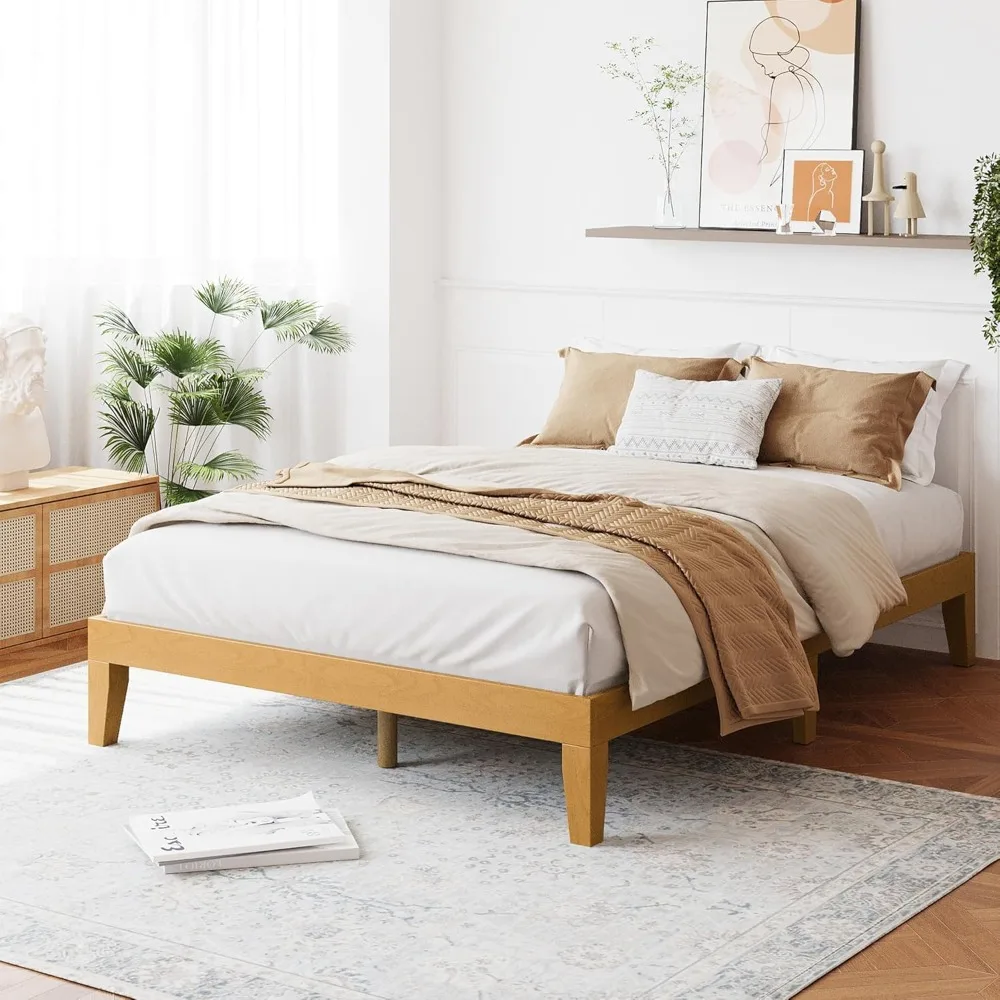 colamy 12 inch wood platform bed frame，sturdy full size bed frame with wood slat support, no box spring needed,rustic pine