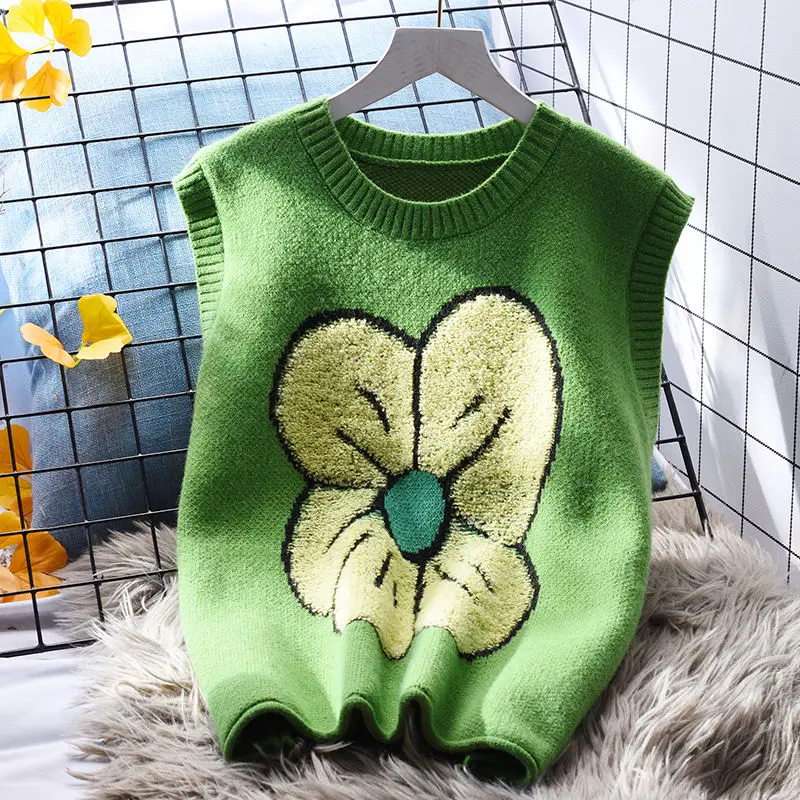 Lady Sweaters Beige Cropped Waistcoat Short Loose Knit Vests for Women Flowers Pullover Y2k Elegant Clothing Classic Warm