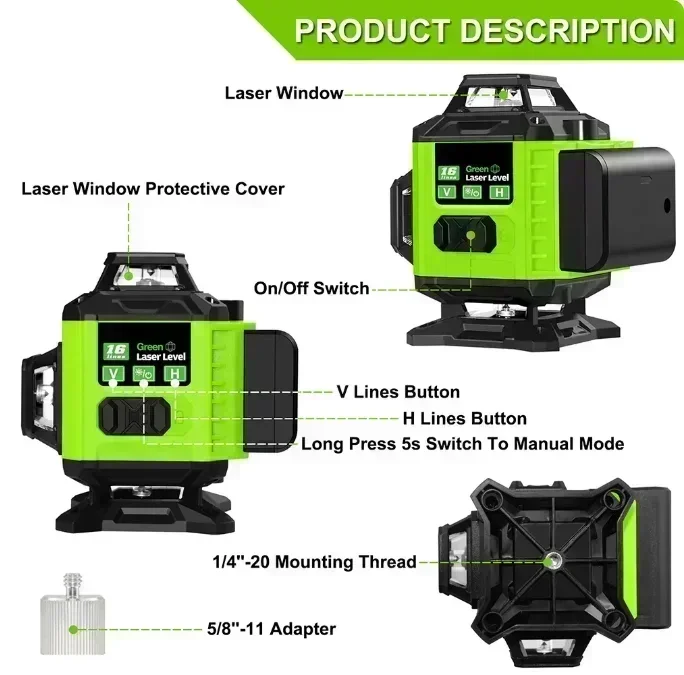 Imagem -04 - Vigas Verdes Super Poderosas Nível Laser Auto-nivelamento Horizontal e Vertical 4d 16 Linhas °