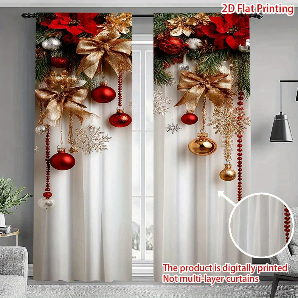 2pcs Red, Gold & Green Snowflake Christmas Sheer Curtains,Lightweight Polyester with Rod Pocket for Living Room,Bedroom  Kitchen