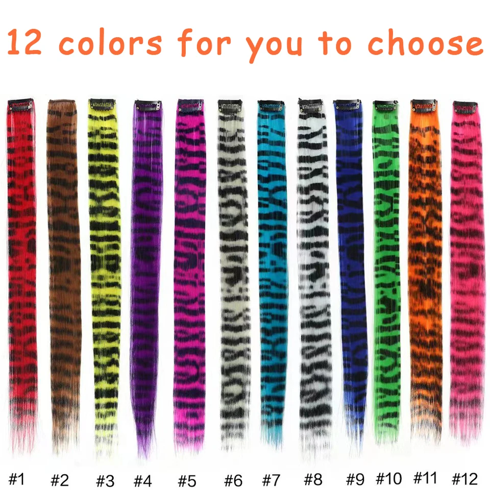 5 piezas set de extensiones de cabello liso largo con estampado de rayas, clip-in sintético para uso diario, fiesta, Navidad 5