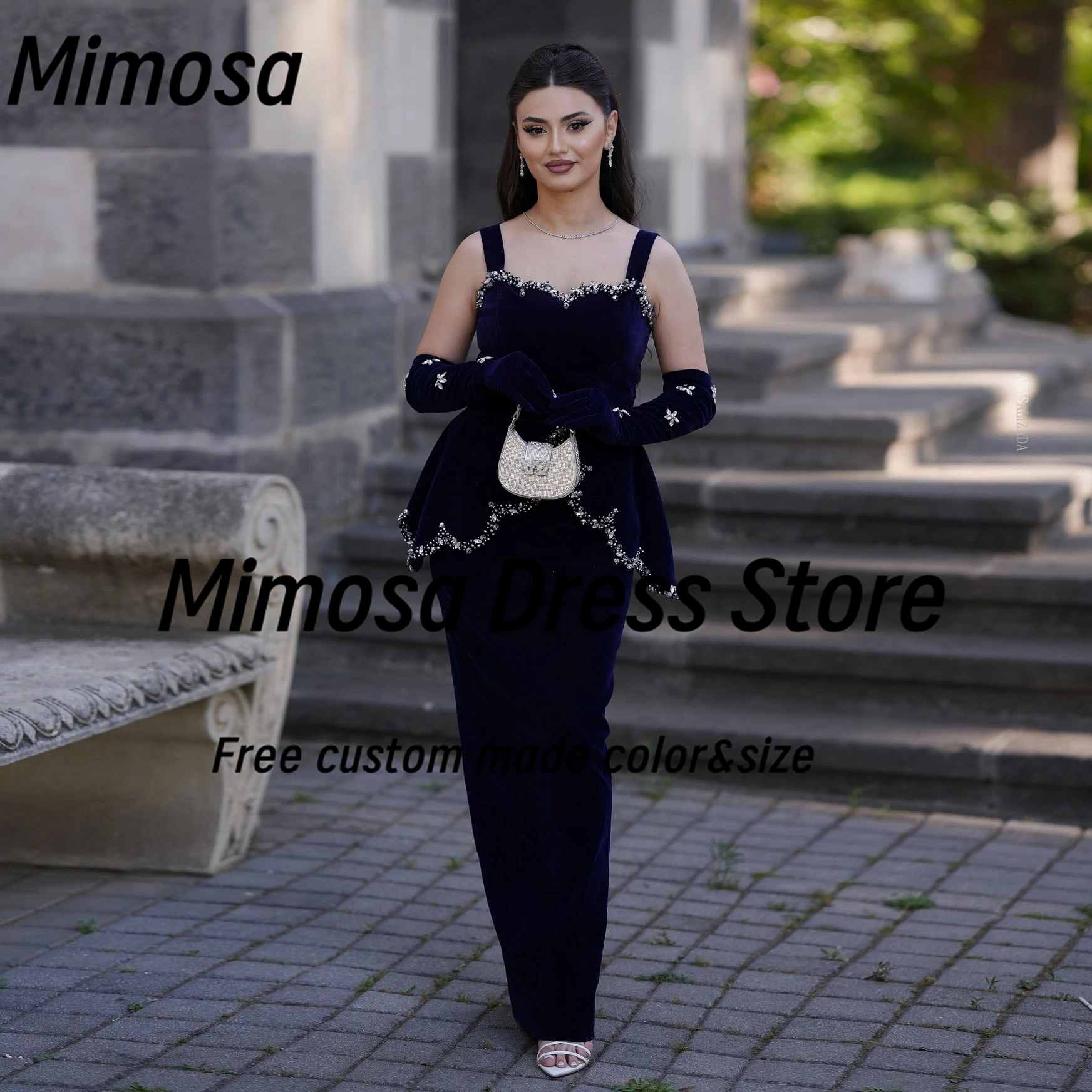 ชุดราตรีสายเดี่ยวทรงมิโมซ่า ประดับลูกปัด พร้อมผ้าคลุมไหล่แบบเปปลัม ชุดราตรีซิปหลังผ่าข้าง สำหรับงานเลี้ยงตอนเย็น สามารถสั่งตัดได้