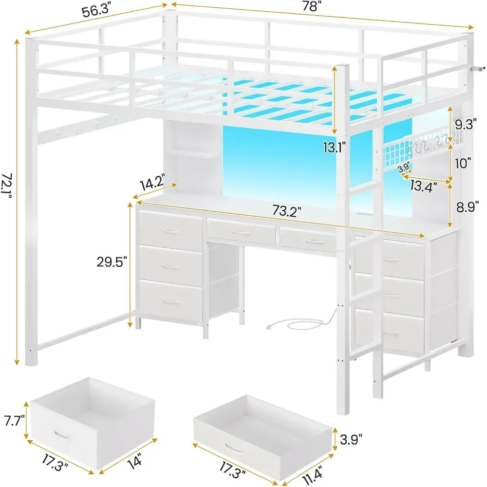 Full Size Loft Bed with Desk and 8 Storage Drawers, LED Lights & Charging Sation, 6 Storage Shelves, Heavy Duty LED Loft Beds image 2