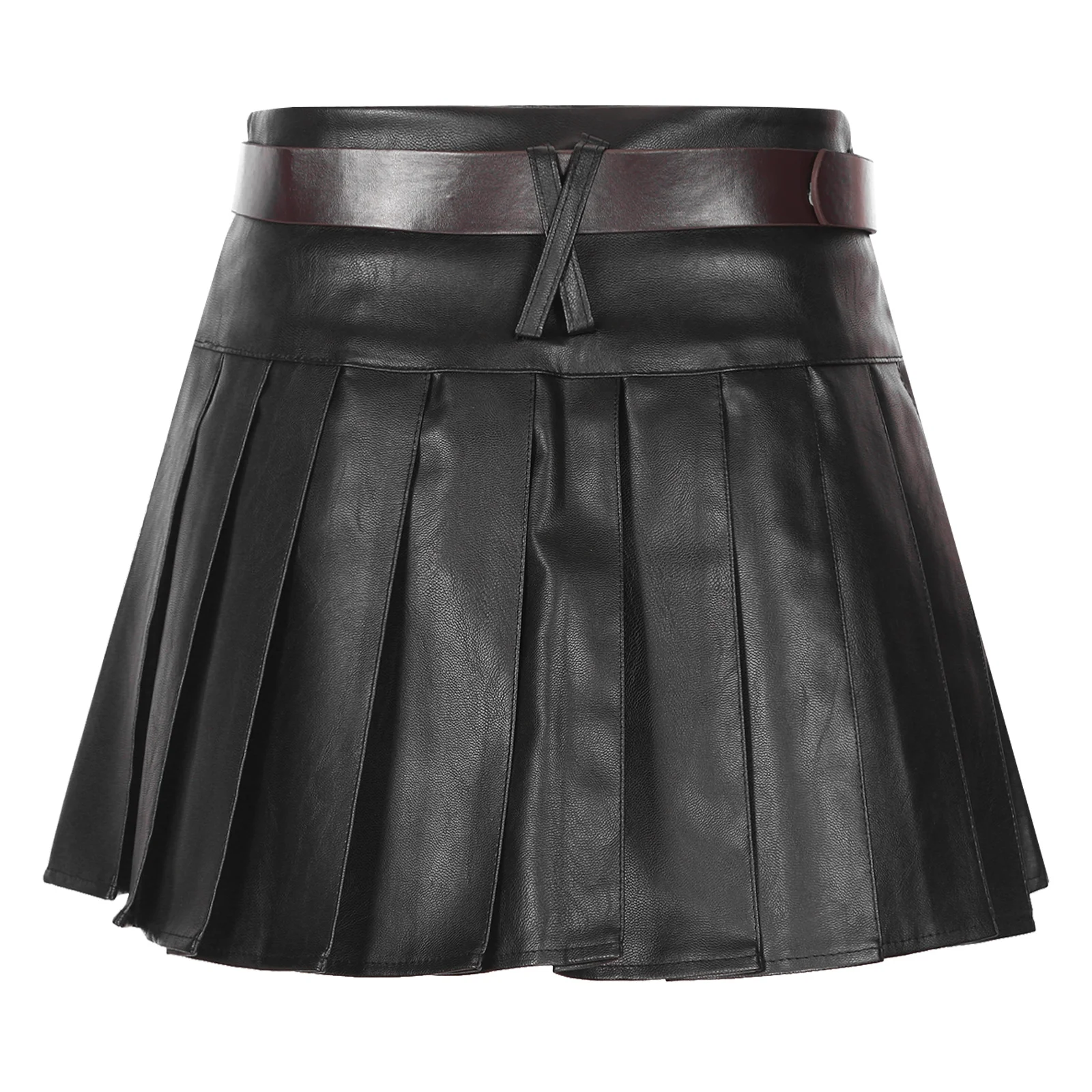 Womens Fashion Faux Leather Pleated Skirt Side Invisible Zipper High Waist Built-in Shorts Skirts With Adjustable Belt