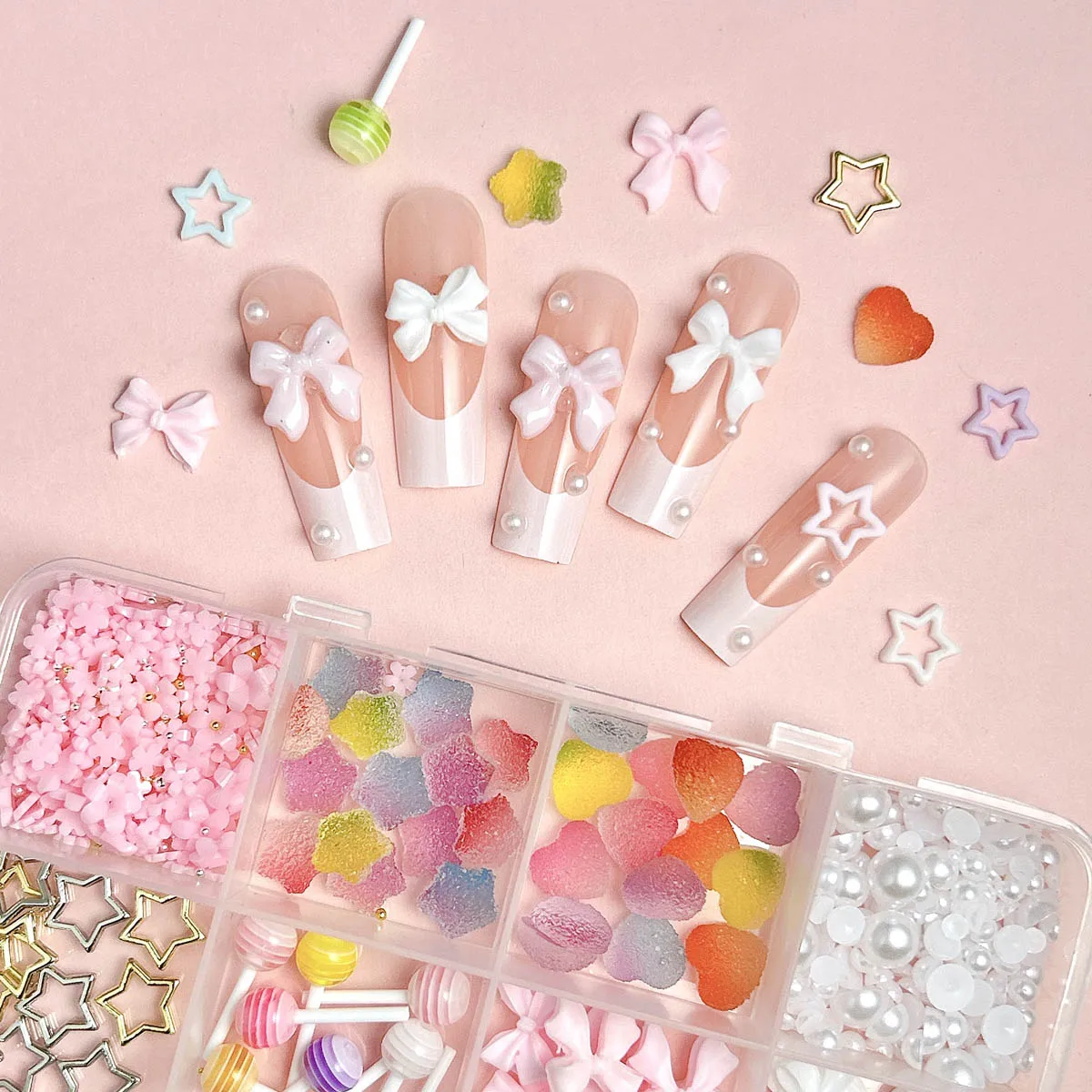 1箱入り スイートリボンボウ ミニ五弁花 レジンネイルアートデコレーション 3Dシミュレーションキャンディー ホロースターネイルチャーム DIYネイル