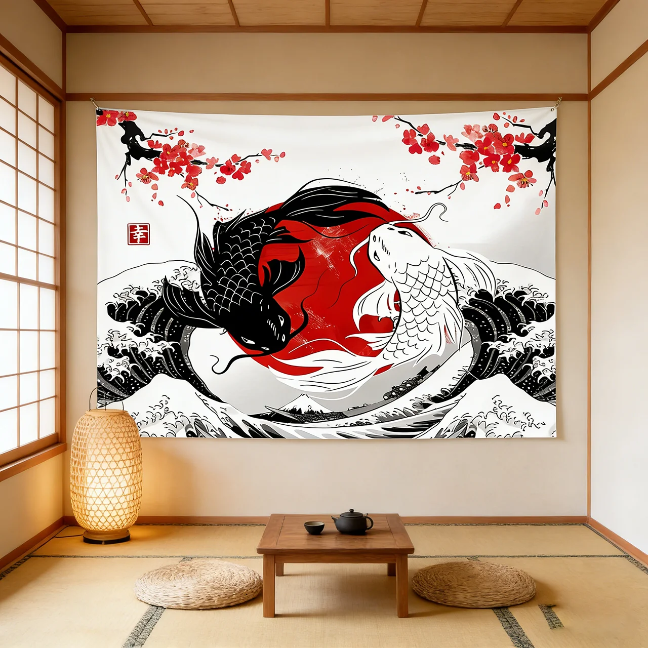 Japanese Yin Yang Koi Fish Tapestry | Cherry Blossom Art | Bohemian Hippie Wall Decor for Room Home Aesthetic (Flat Print)