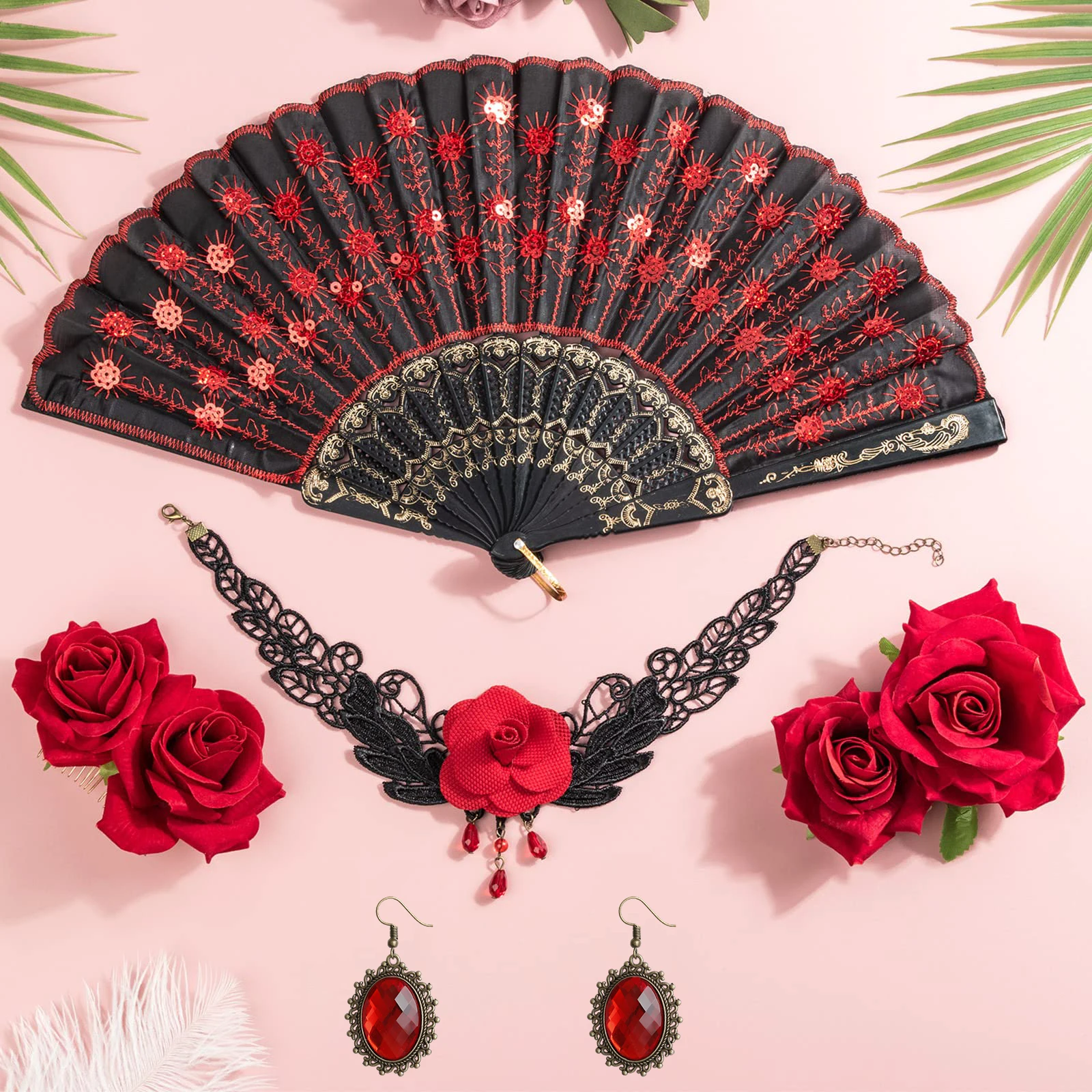 Rose Flower Hair Clip Embroidered Folding Fan Earrings Set Hair Accessories for Women Flamenco Dancer