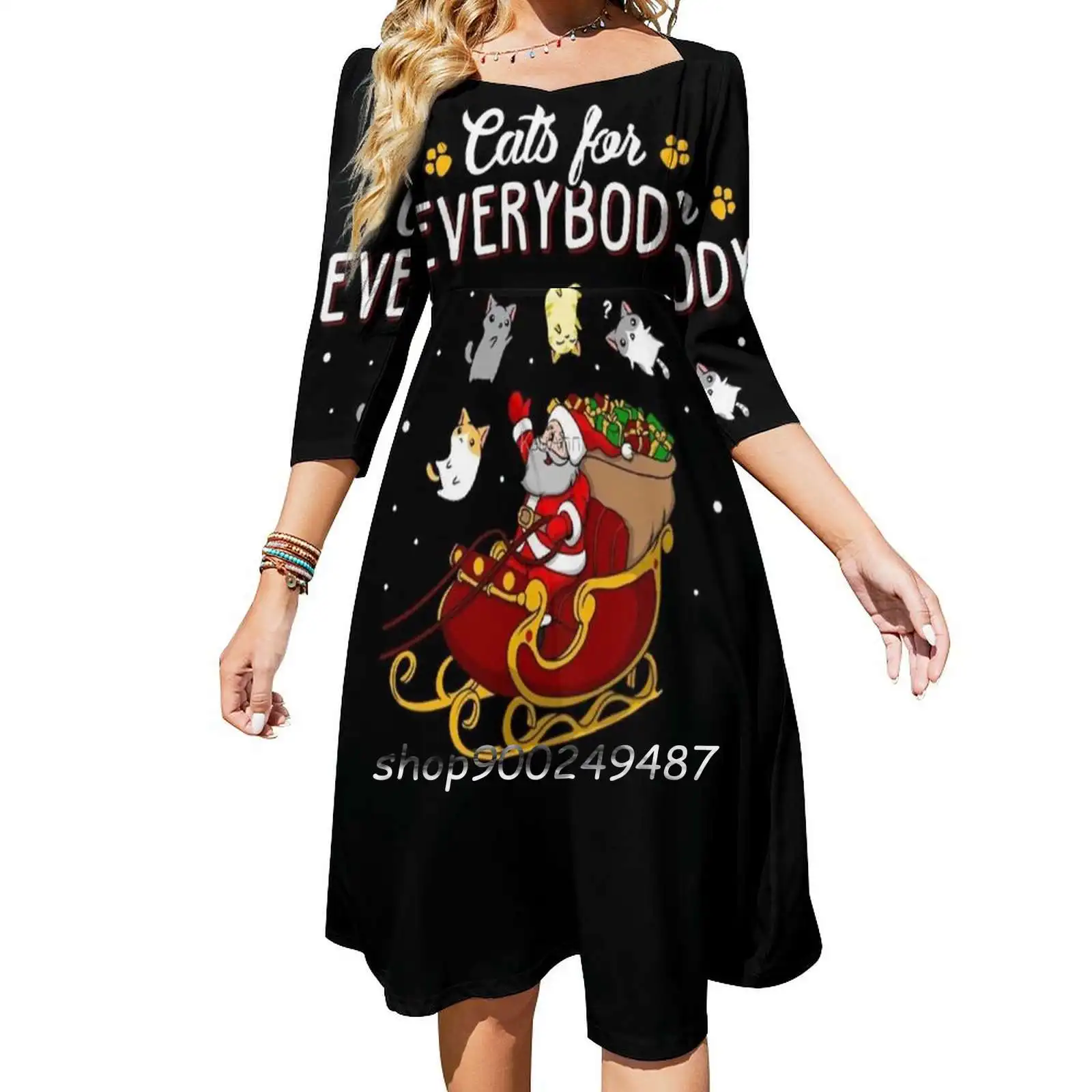 Cats For Everybody Funny Ugly Christmas Sweatshirt Sweet Elegant Dress Women Korean Kawaii Square Collar Dress Cat Lover Ugly