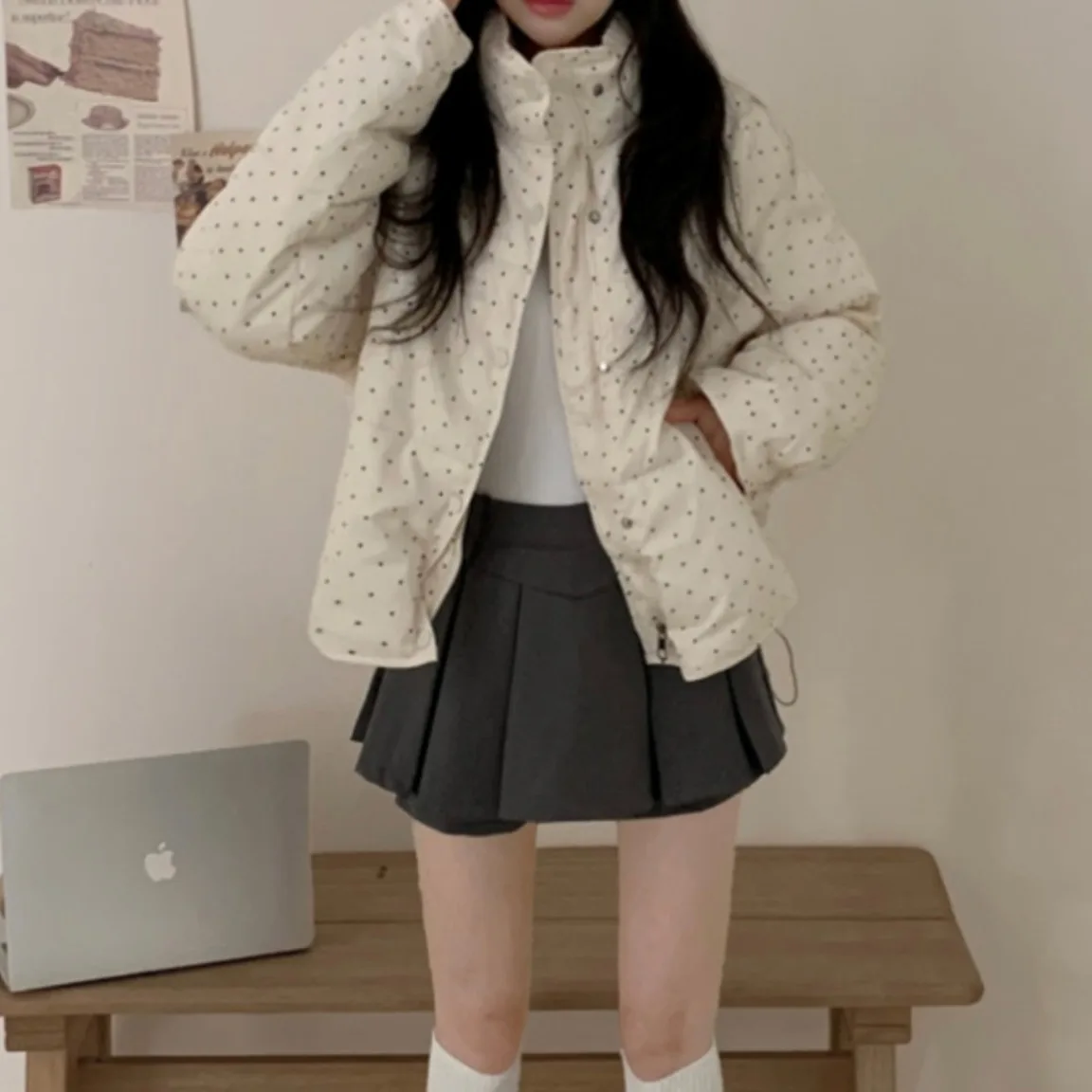 

Женская хлопковая куртка, зимний шикарный милый антивозрастной воротник-стойка, теплый длинный топ в горошек, свободный крой для поездок на работу