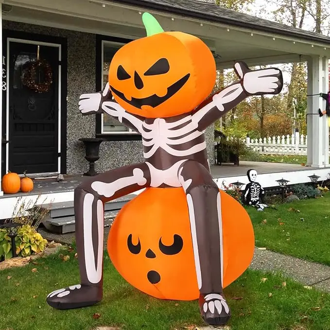 5 pés de Halloween inflável crânio esqueleto cabeça de abóbora LED explodir para festa no jardim
