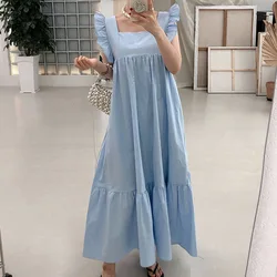 2024 Summer Short Sleeve Casual Dresses Female Loose Pleated Chiffon Dress Women Solid Color Holiday Beach Midi Dresses Vestidos