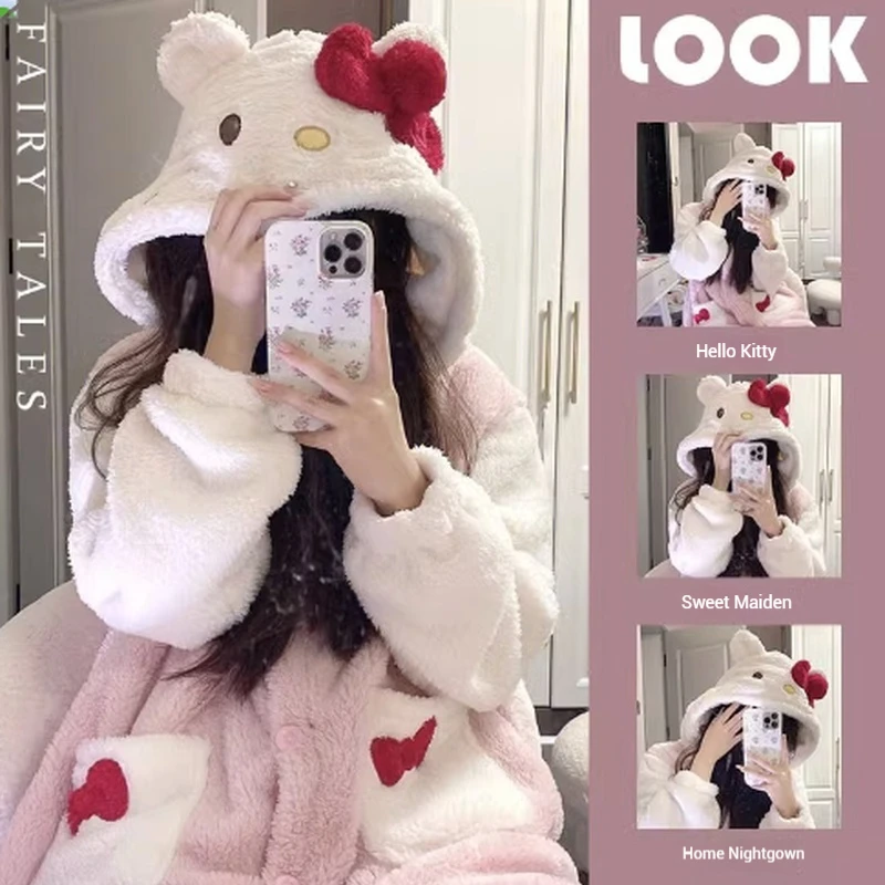 Disney Hello Kitty Stitch Kuromi Nightwear Autumn Winter Coral Velvet Thick Bathrobe Sleeping Robe Long Home Clothes Student