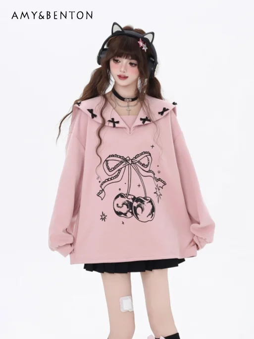 

Subculture Japanese Style Sweet Navy Collar Bow Rabbit Ear Hoodie Women Autumn New Cute Cartoon Printed Lantern Sleeves Hoodies