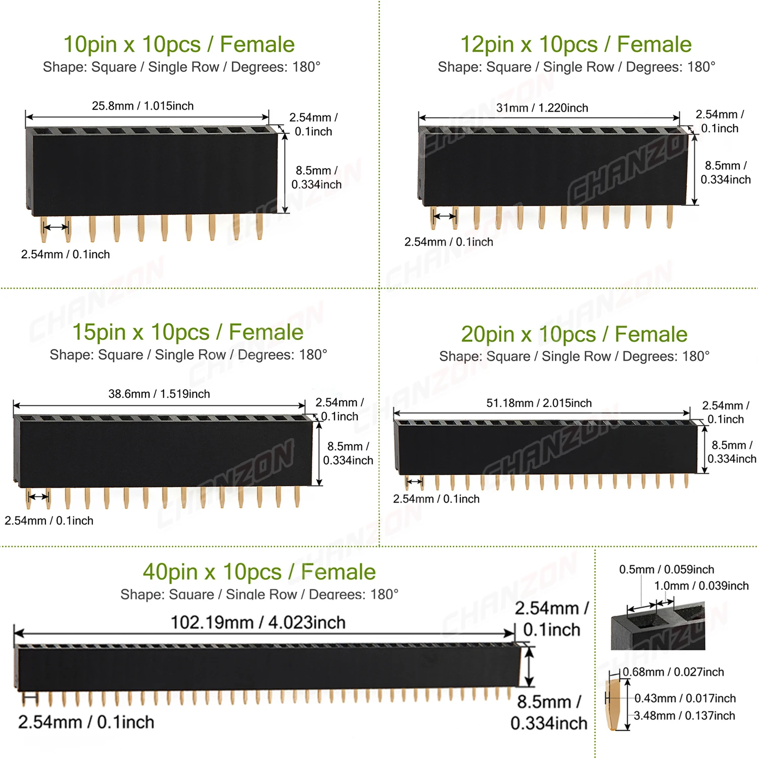 Single Row Female 2 3 4 5 6 8 10 12 15 20 40 Pin Header Gold Plated Solderless 2.54mm Pitch Strip Pinheader Connector