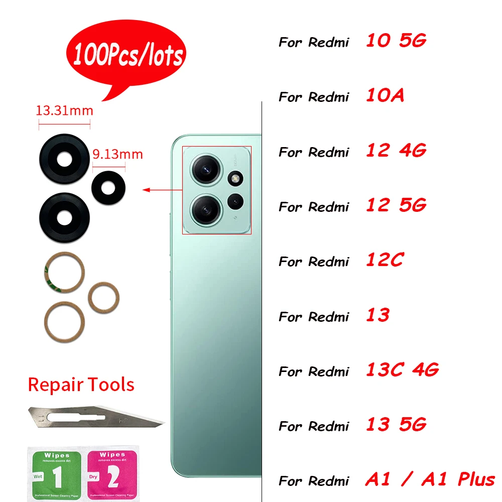 

100Pcs，Glass Cover with Sticker Adhesive Replacement Parts For Redmi 13C 13 A1 A2 A3 10 5G 10A 12 4G 5G 12C 12 Lite