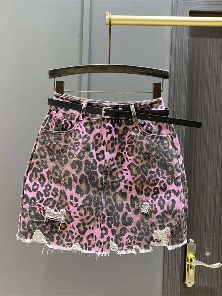 DEAT Women's Denim Skirt Pink Leopard Broken Holes Wrap Hips A-line High Waist Mini Skirt 2024 Autumn New Fashion 29L7785