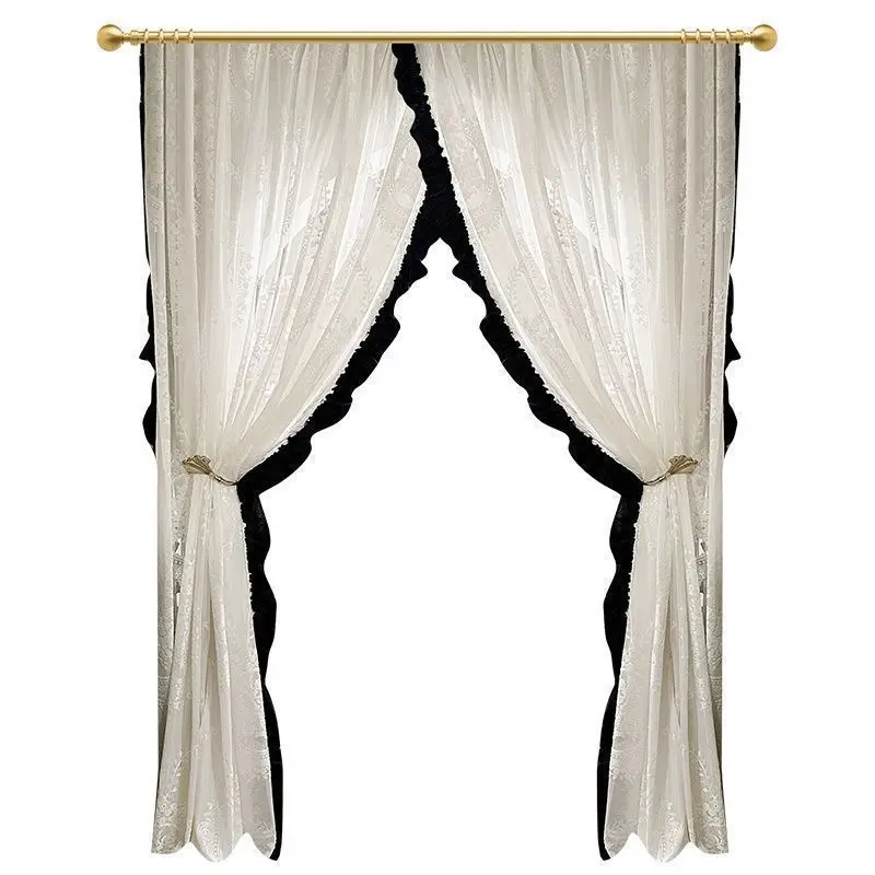 Custom Black and White Velvet Ruffle Heavy Embossed Curtain Sheer Style Hepburn Style French Retro Semi-Transparent Dream