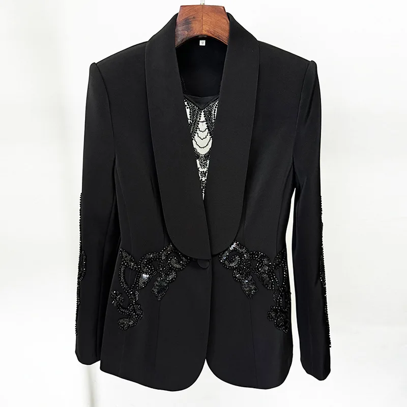 

2025 Early Spring New Star Fashion Mesh Splicing Heavy Industry Nail Bead Suit Jacket Chiffon Pants