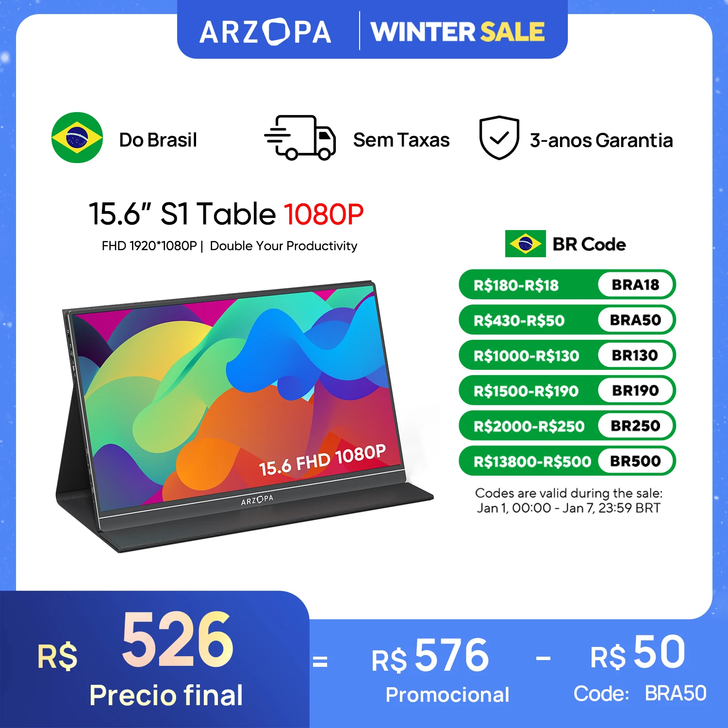 [produto no brasil]ARZOPA 15,6 polegadas Monitor portátil 1080P FHD, tela IPS 16:9, corpo de metal, com capa de couro, mini HDMI tipo C,