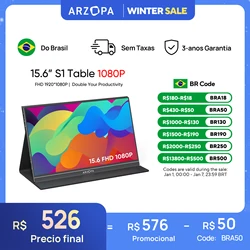 [produto no brasil]ARZOPA 15,6 polegadas Monitor portátil 1080P FHD, tela IPS 16:9, corpo de metal, com capa de couro, mini HDMI tipo C, alto-falantes, para Mac /Laptop/PC/Phone/Xbox/Switch/PS, segunda tela externa, S1