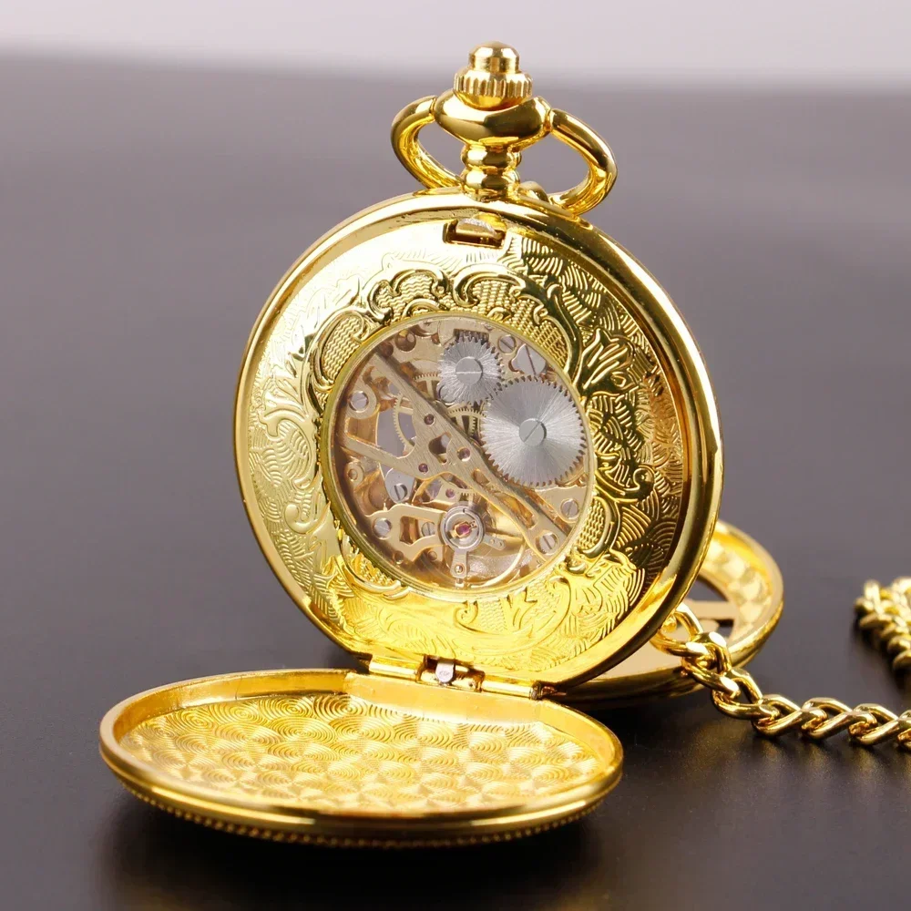 Luxury Golden Hollow Deer Pattern Mechanical Pocket Watch Vintage Double Side Steampunk Fob Clock Male Necklace Watch Women Men