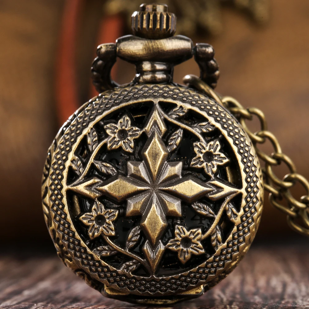 صغيرة عبر زهرة الجوف خارج قلادة ساعة قلادة Steampunk Reloj التناظرية الأرقام العربية الهاتفي كوارتز ساعة الجيب مع سلسلة