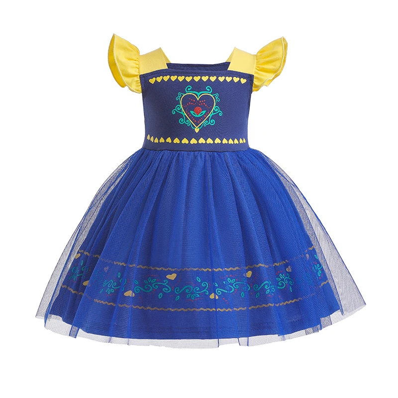 

Girl's Heart Print Pattern Mesh Tutu, Yellow and Blue Color Matching Square Neck Short Sleeve Princess Dress Halloween Costume