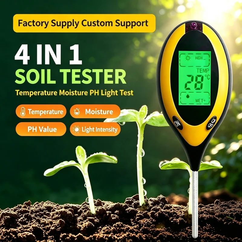 4 in 1 Soil Detector Cross Border Light Temperature Soil Moisture Meter PH Soil Testing Instrument Courtyard Lawn Battery-free
