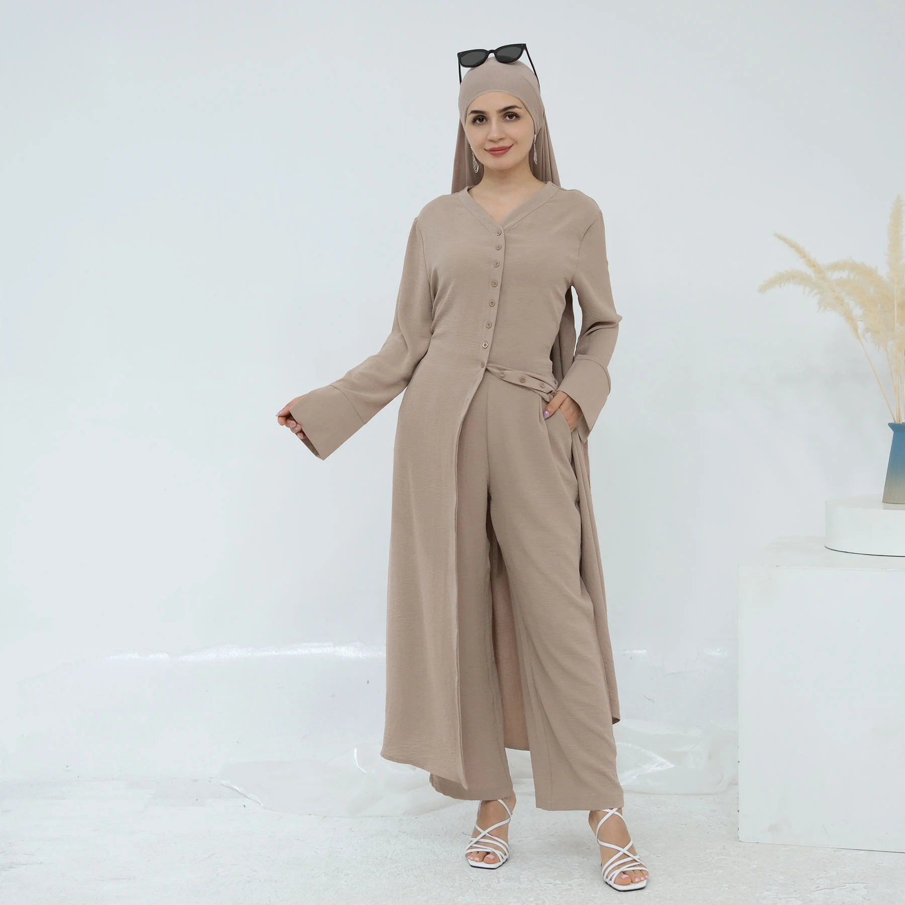 ใหม่มุสลิมชุดผู้หญิงปุ่มยาวเสื้อกางเกง 2 ชิ้นชุดตุรกี Kaftan ดูไบ Abaya Eid Ramadan อิสลามเสื้อผ้าชุด