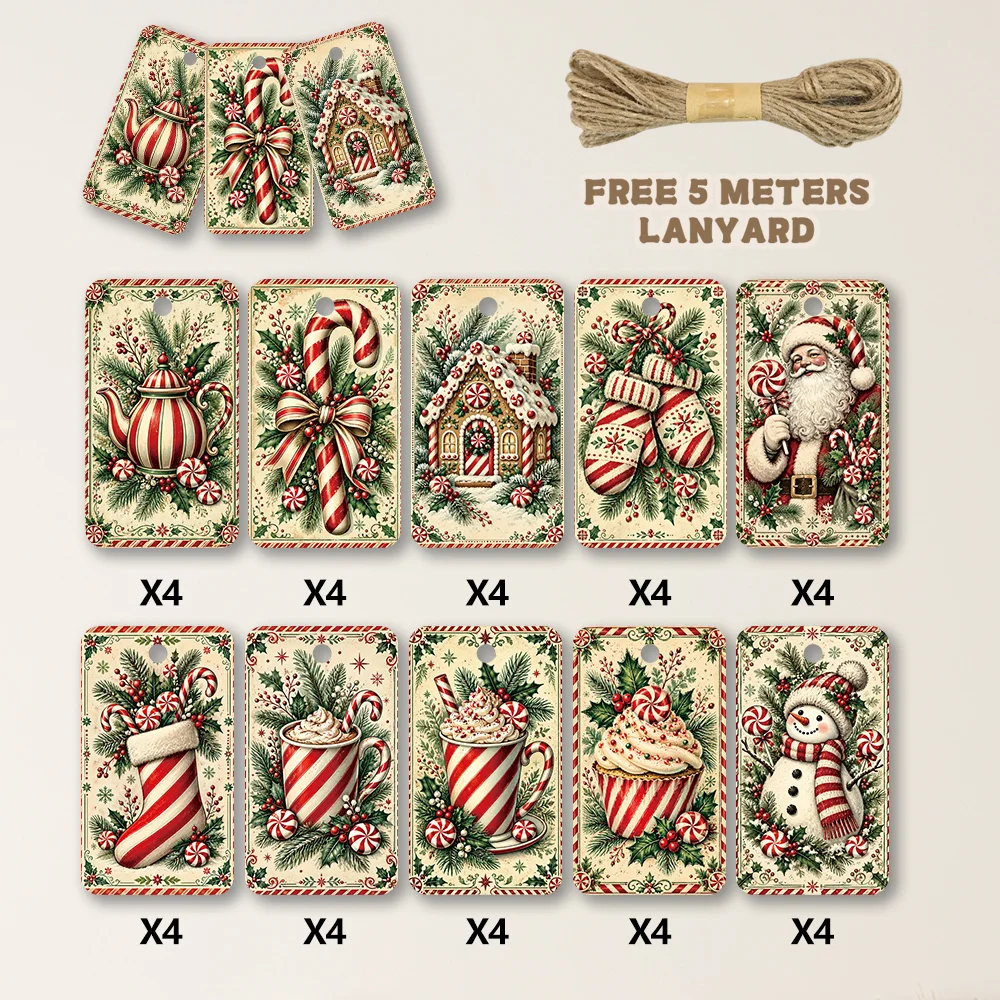 40pcs, Gift Tags, American Retro Candy Stripes, Hanging Paper Labels for Gift Wrapping, Holiday Party Decor with String