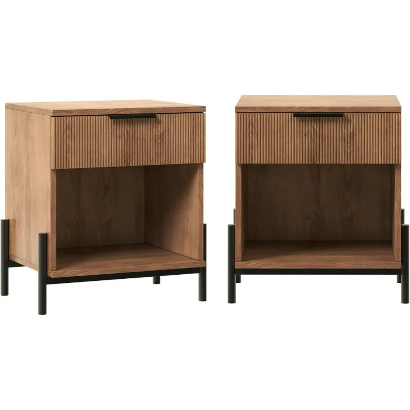 

Modern Nightstand with Reeded Drawer and Open Storage Mocha Finish Set of 2