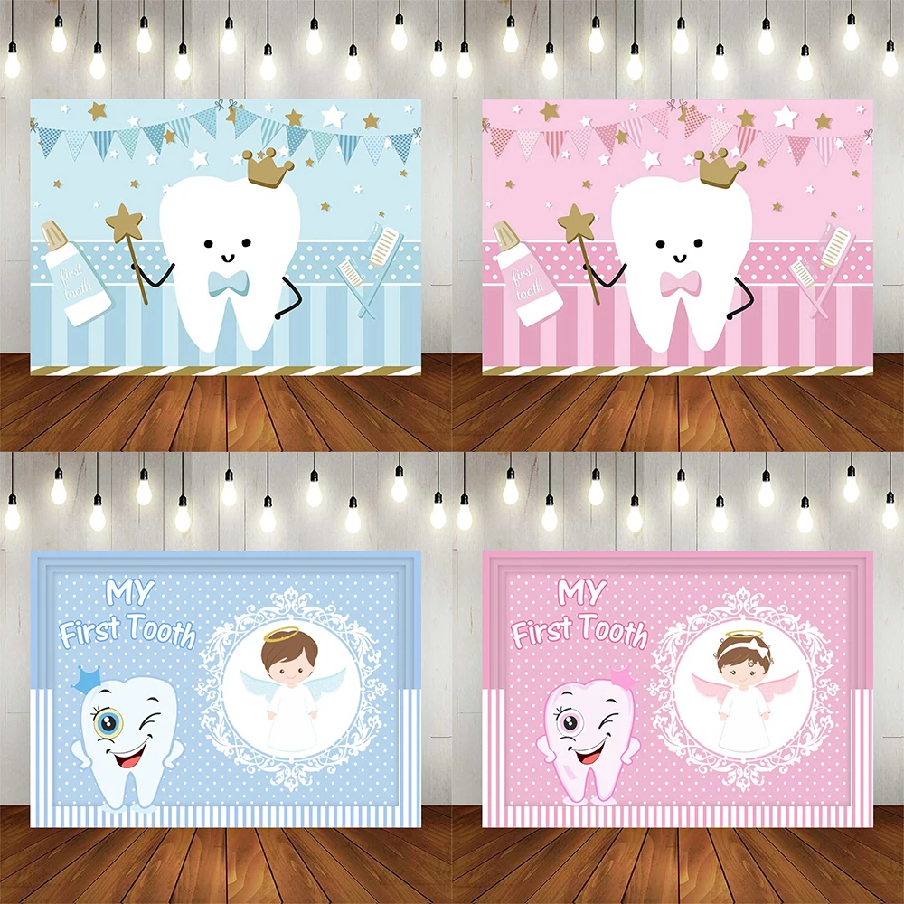 My First Tooth Falls Into The Background My 1st Birthday Baby Shower Decoration Blue And Pink Cartoon Teeth Photography Backdrop