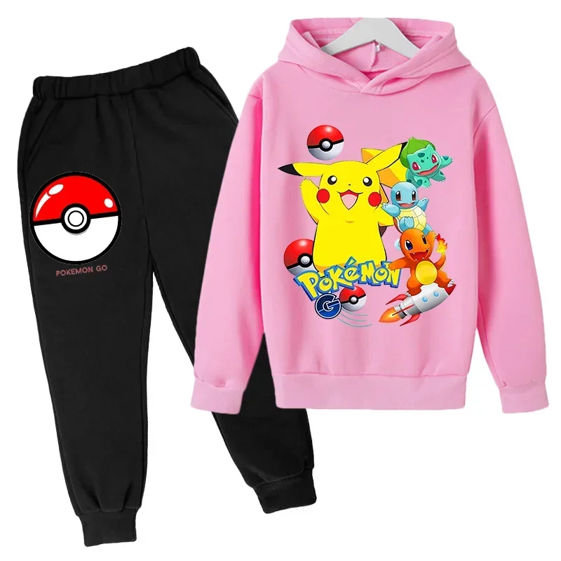 Boy Girl Pikachu Hoodie Suit Cotton Kids Hooded Sportswear Pikachu Set Pants  Boys Clothes 2 pez 4 5 6 7 8 9 10 11 12 13 14 Y