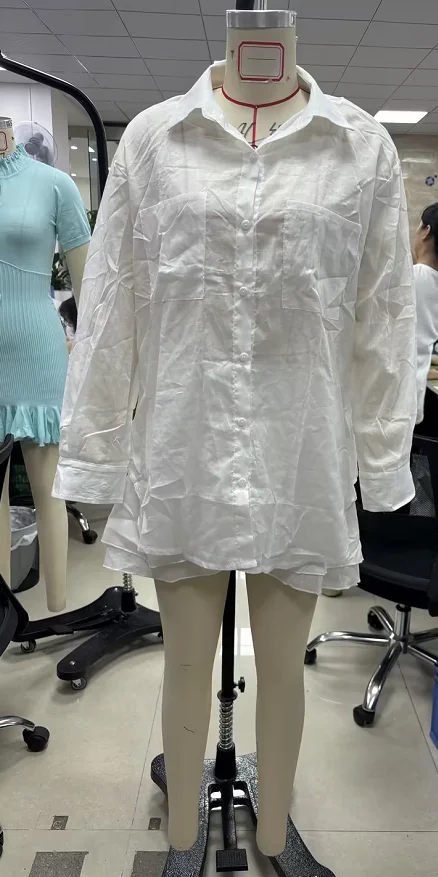 

Women Skirt Outfit Solid Long Sleeve Collared Button-up Shirt Layered Mini Skirt 2 Piece Casual Set